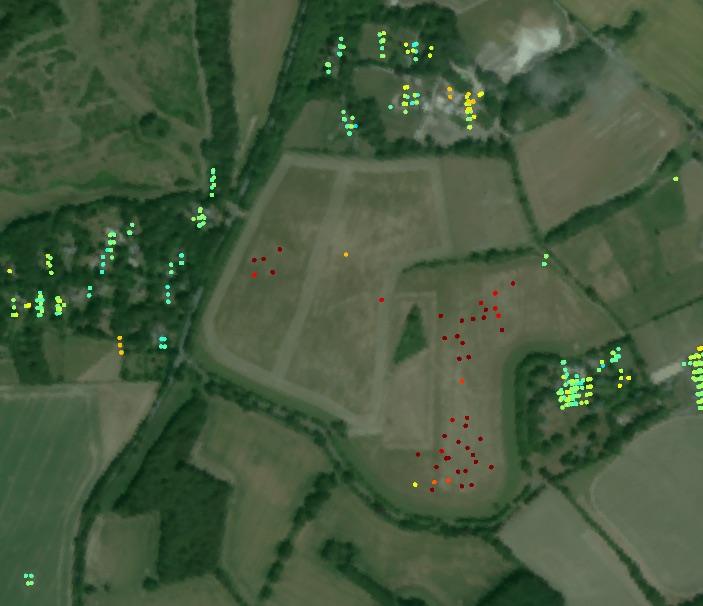 EGMS over Humbly Grove: a handful of measurement points on farm buildings, almost none on the field
