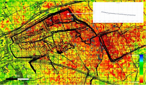 APSIS velocity over Kennington: red subsidence following the line of the metro works, with a displacement time series inset