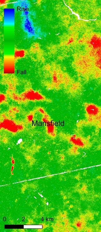 APSIS over Mansfield: every pixel measured, with red subsidence and blue heave over the coal workings between the towns