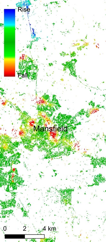 Conventional InSAR over Mansfield: scattered points on the towns, blank countryside