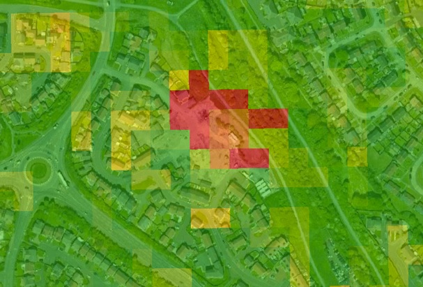 APSIS velocity over housing in Newcastle upon Tyne: a red patch of sinking ground over the estate, green stable ground around it